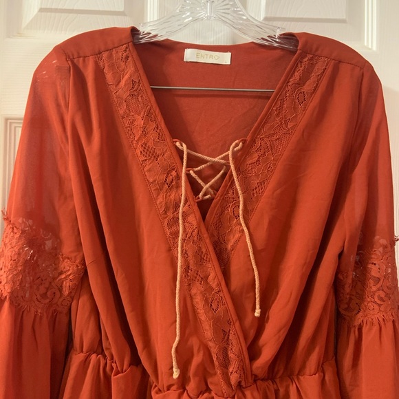 Entro Burnt Orange Faux Wrap Bell Sleeve Dress L - Picture 3 of 7
